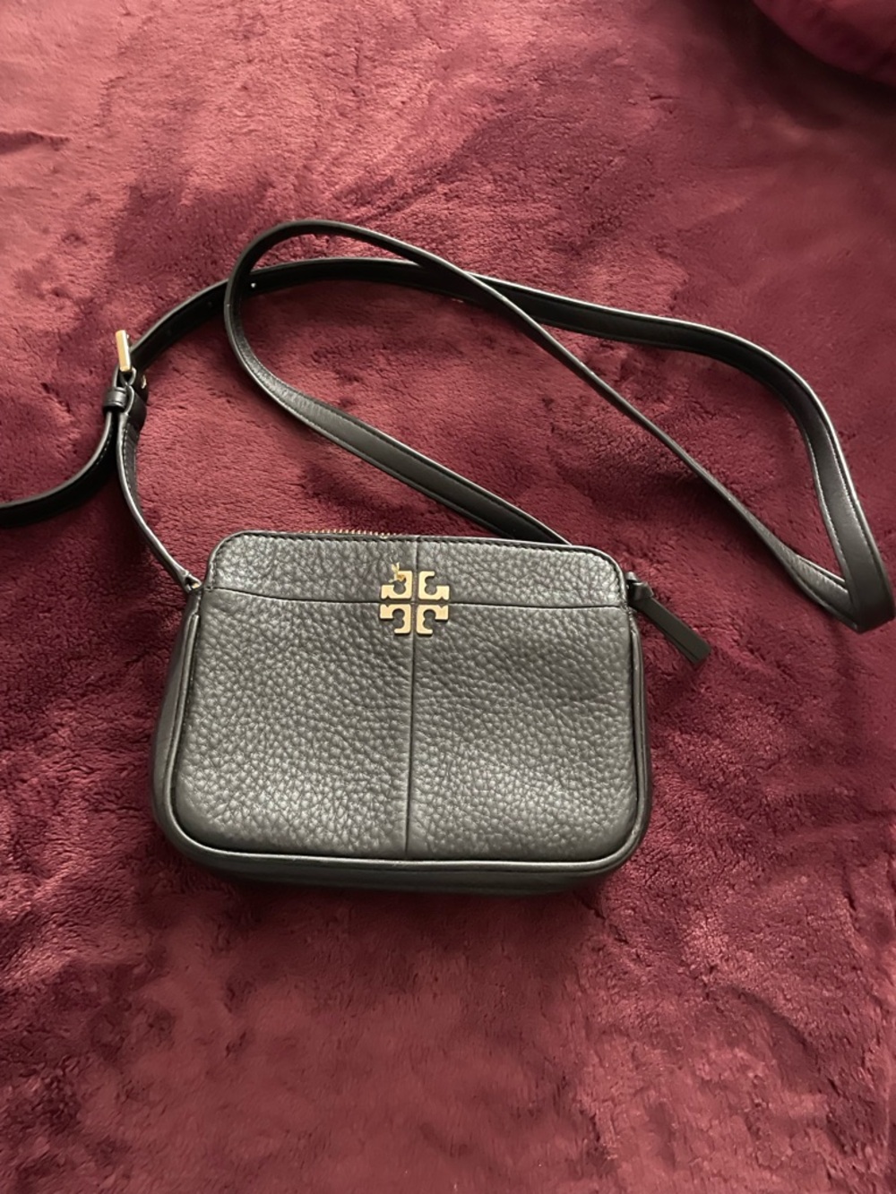 Tory Burch Black Pebbled Leather Gold-Logo Crossbody